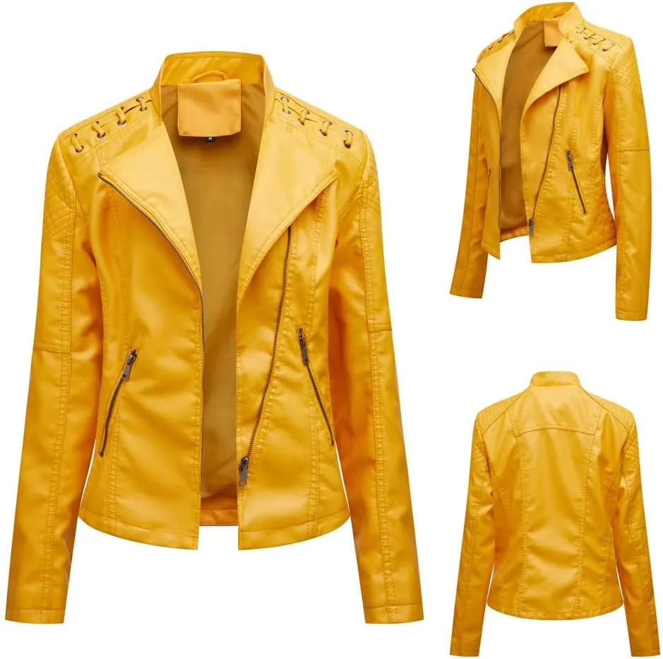 NATHGAM Womens Leather Jacket Long Sleeve Cropped Tops with Zipper Pockets Lightweight Vegan Lapel Biker Jacket Outerwear