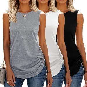 Neer 3 Pack Women's High Neck Tank Tops Cotton Ruched Side Crew Neck Sleeveless Shirts Soft Casual Summer Workout Tees