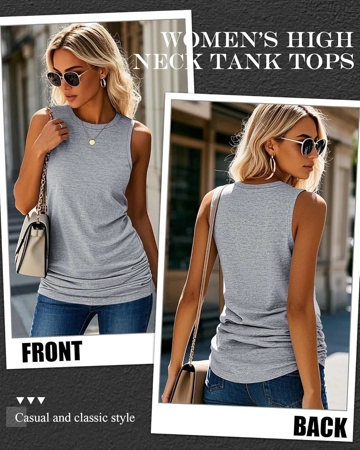 Neer 3 Pack Women's High Neck Tank Tops Cotton Ruched Side Crew Neck Sleeveless Shirts Soft Casual Summer Workout Tees