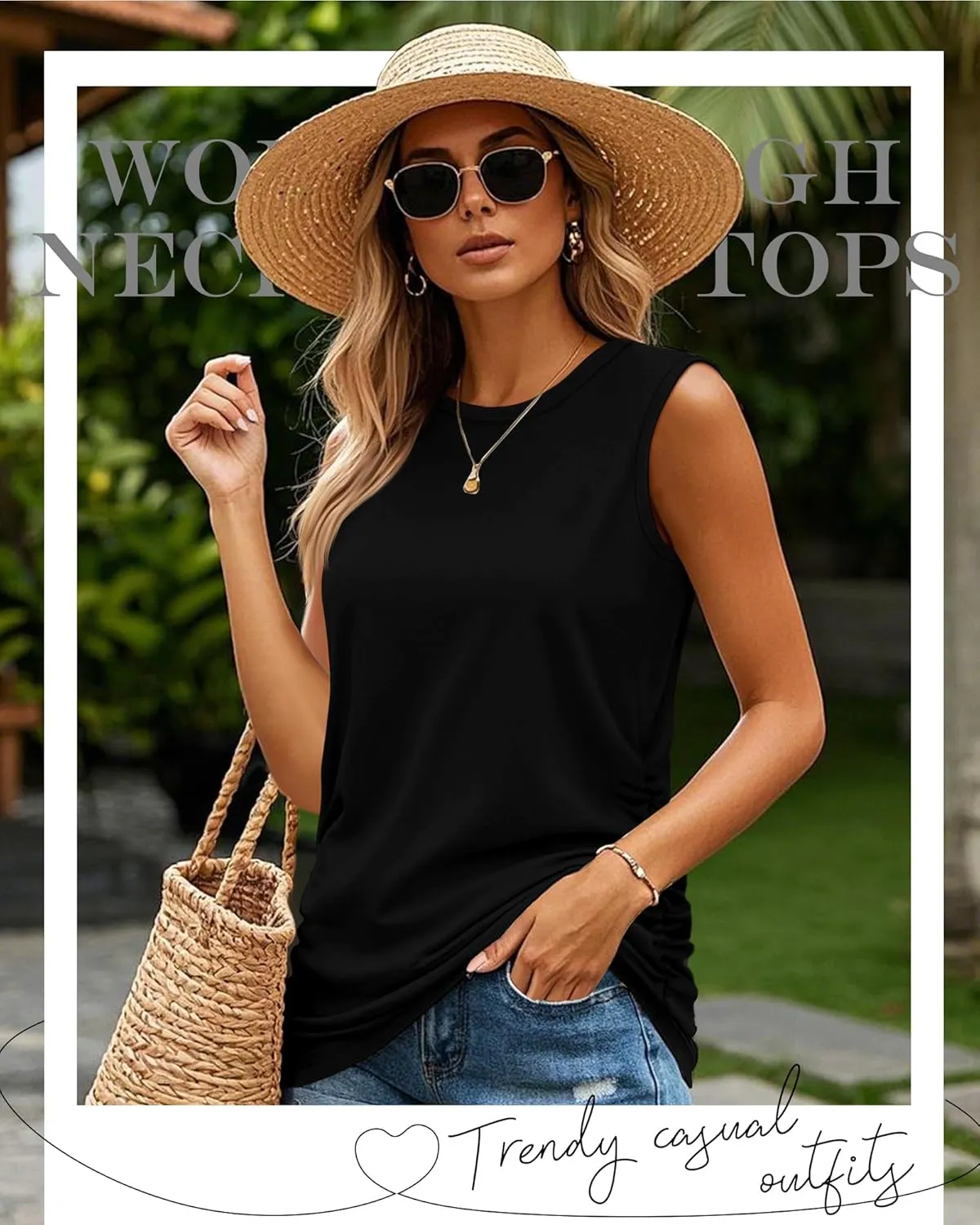 Neer 3 Pack Women's High Neck Tank Tops Cotton Ruched Side Crew Neck Sleeveless Shirts Soft Casual Summer Workout Tees