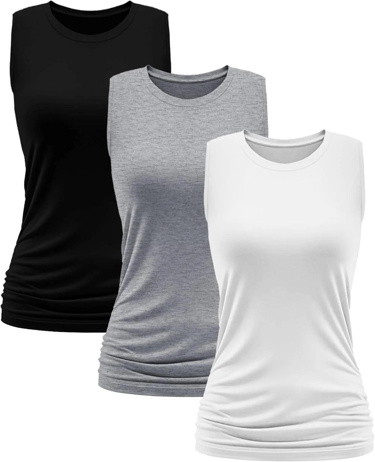Neer 3 Pack Women's High Neck Tank Tops Cotton Ruched Side Crew Neck Sleeveless Shirts Soft Casual Summer Workout Tees