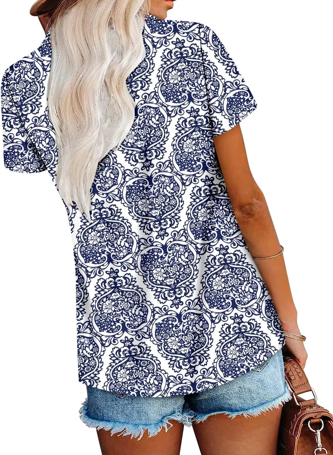 ONLYSHE Womens Summer Blouses Casual Short Sleeve Tunic Turndown V Neck Collar Loose Fit Tops