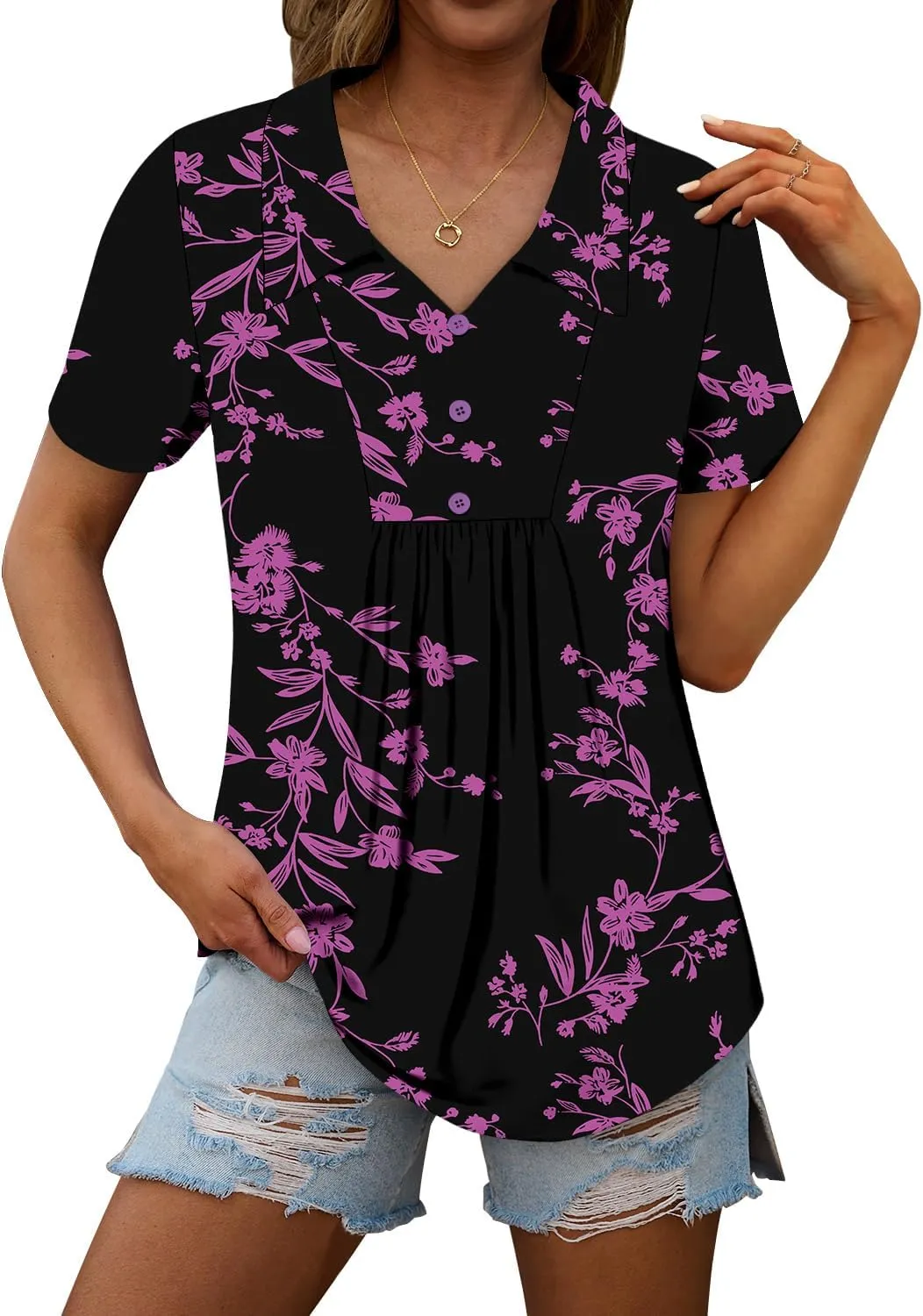 ONLYSHE Womens Summer Blouses Casual Short Sleeve Tunic Turndown V Neck Collar Loose Fit Tops