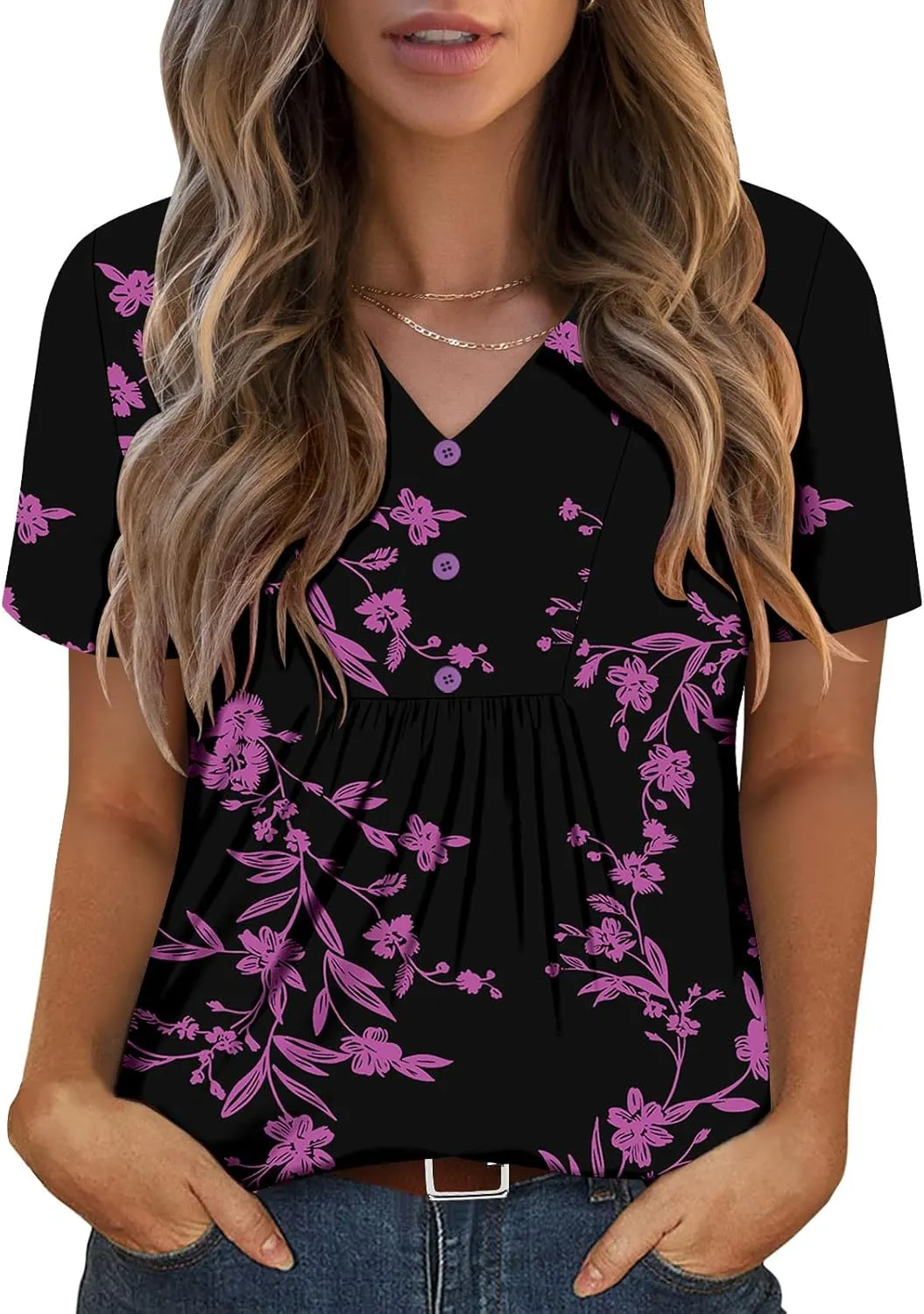 ONLYSHE Womens Summer Blouses Casual Short Sleeve Tunic Turndown V Neck Collar Loose Fit Tops