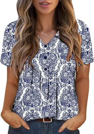 ONLYSHE Womens Summer Blouses Casual Short Sleeve Tunic Turndown V Neck Collar Loose Fit Tops