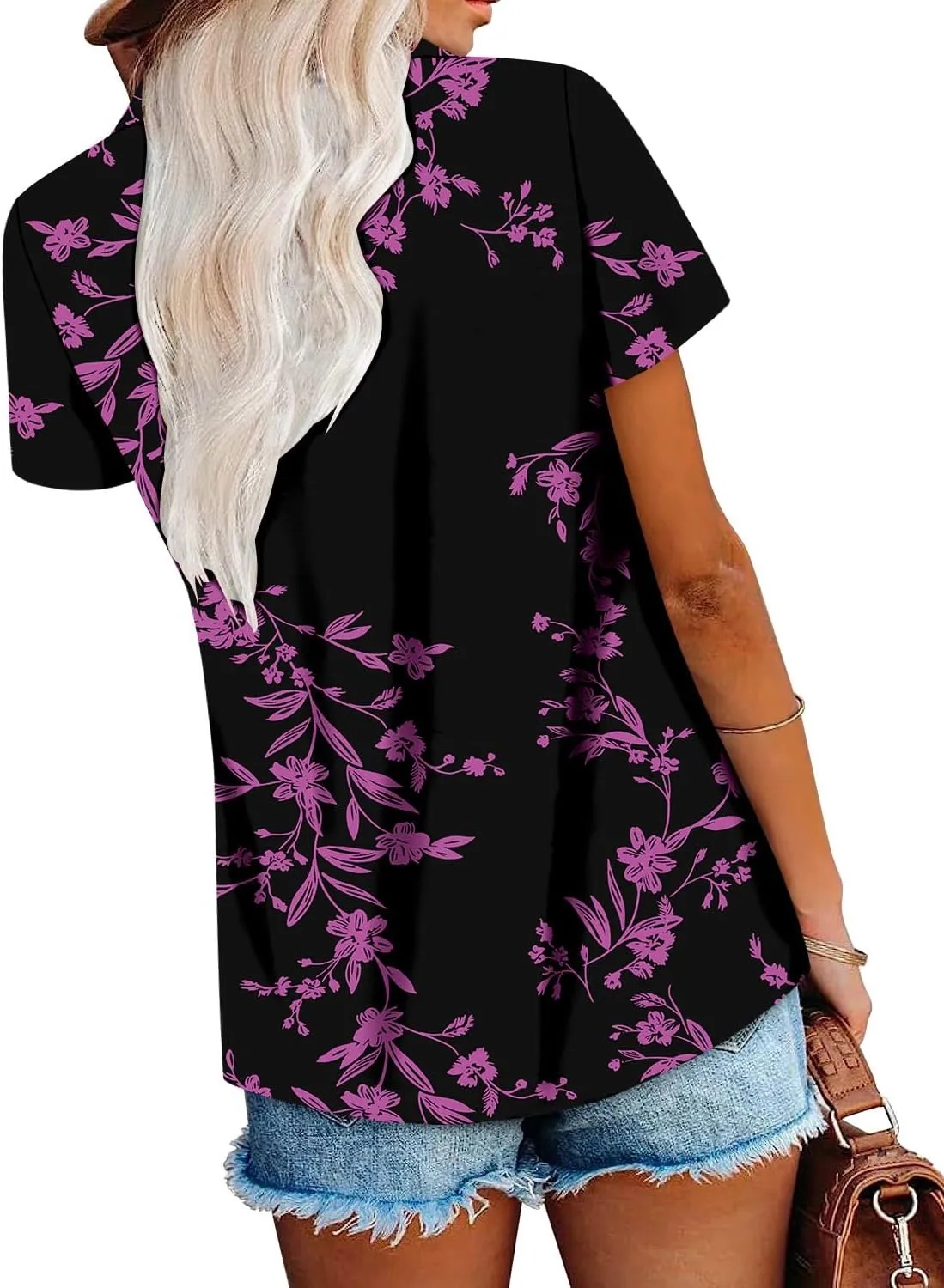 ONLYSHE Womens Summer Blouses Casual Short Sleeve Tunic Turndown V Neck Collar Loose Fit Tops