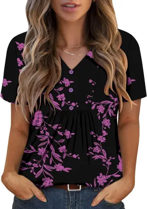 ONLYSHE Womens Summer Blouses Casual Short Sleeve Tunic Turndown V Neck Collar Loose Fit Tops