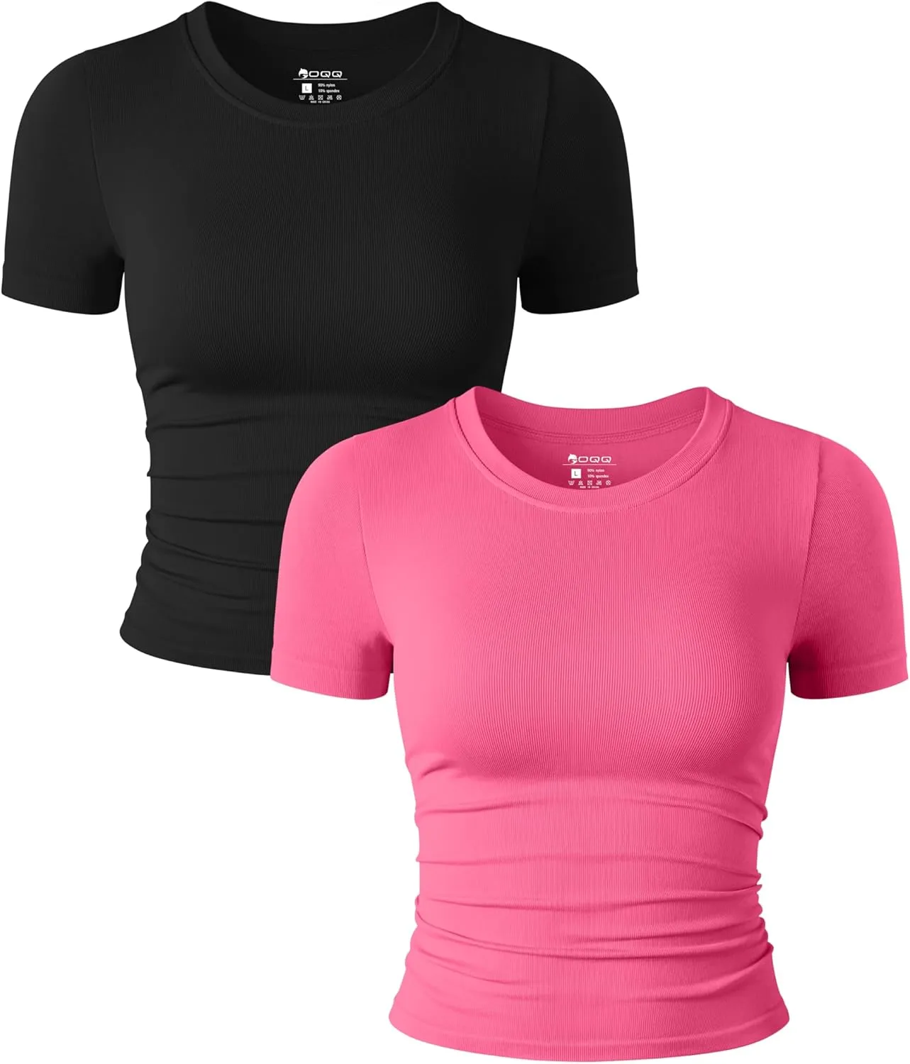OQQ Womens 2 Piece Shirts Short Sleeve Crew Neck Ruched Stretch Fitted Tee Shirts Crop Tops