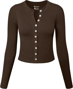 OQQ Womens Long Sleeve Shirts Crew Neck Button Knit Stretch Casual Basic Tops Fitted Tee Shirts