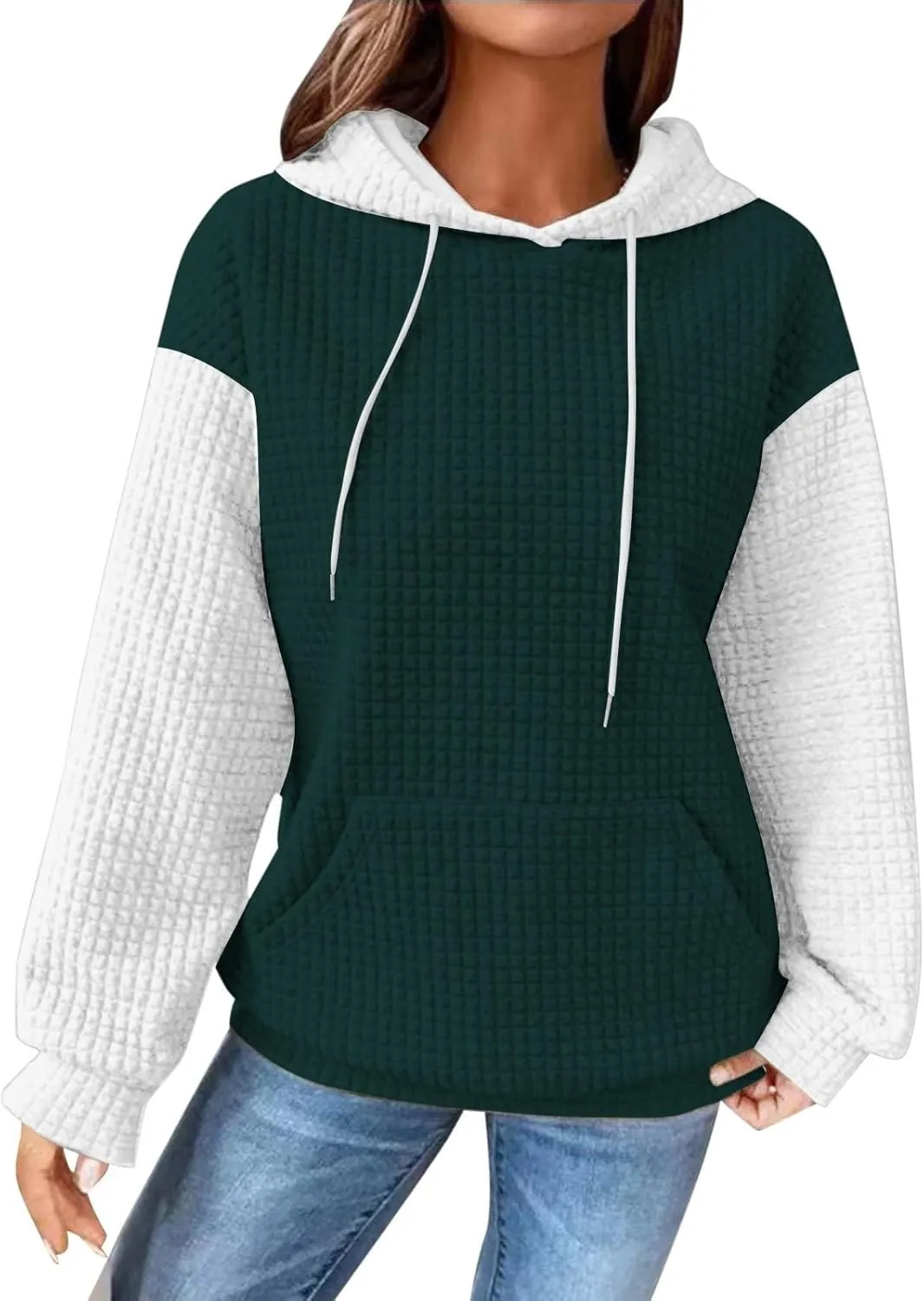 Oversized Hoodies for Women Color Block Waffle Sweatshirts Casual Drawstring Pullover with Pockets Fall Clothes