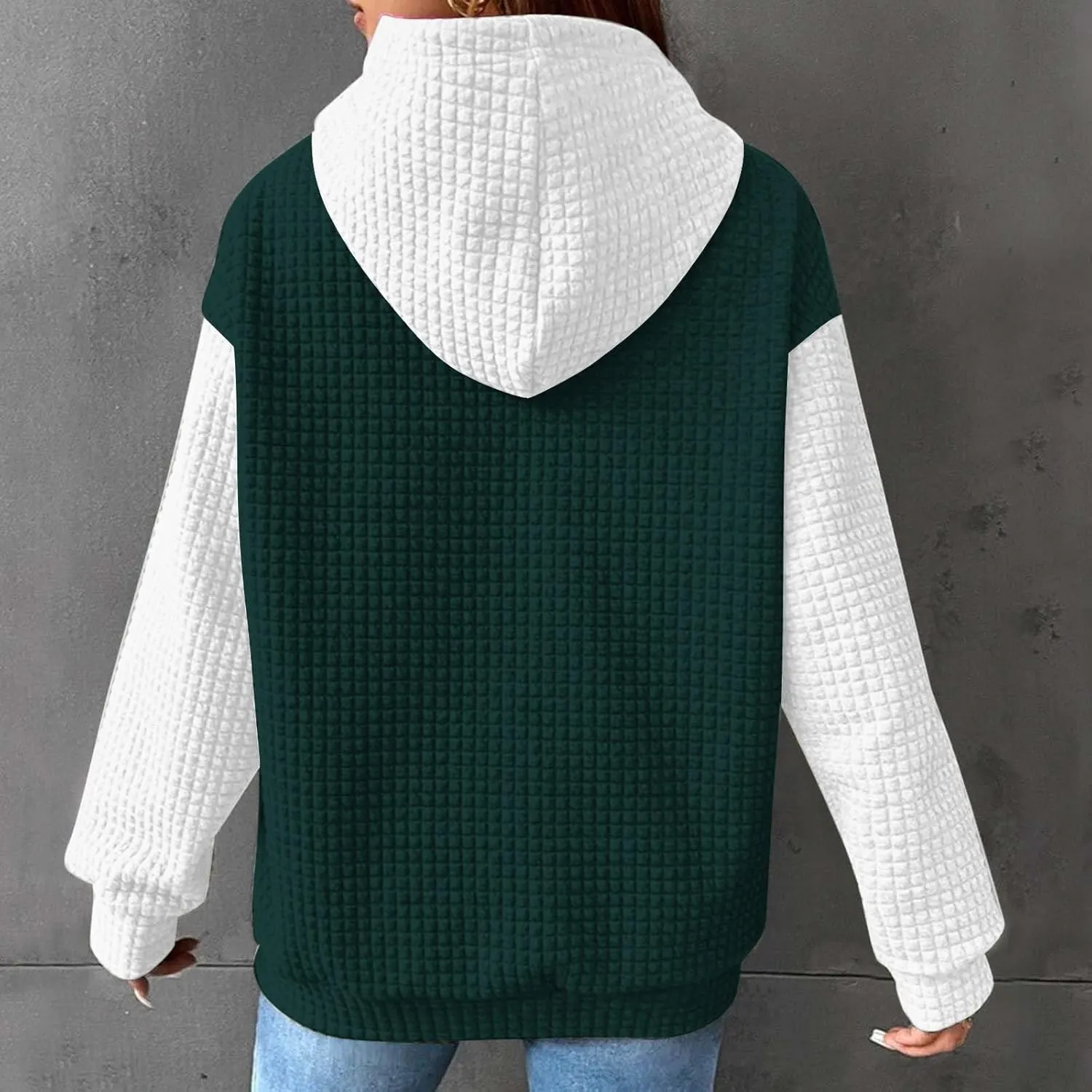 Oversized Hoodies for Women Color Block Waffle Sweatshirts Casual Drawstring Pullover with Pockets Fall Clothes