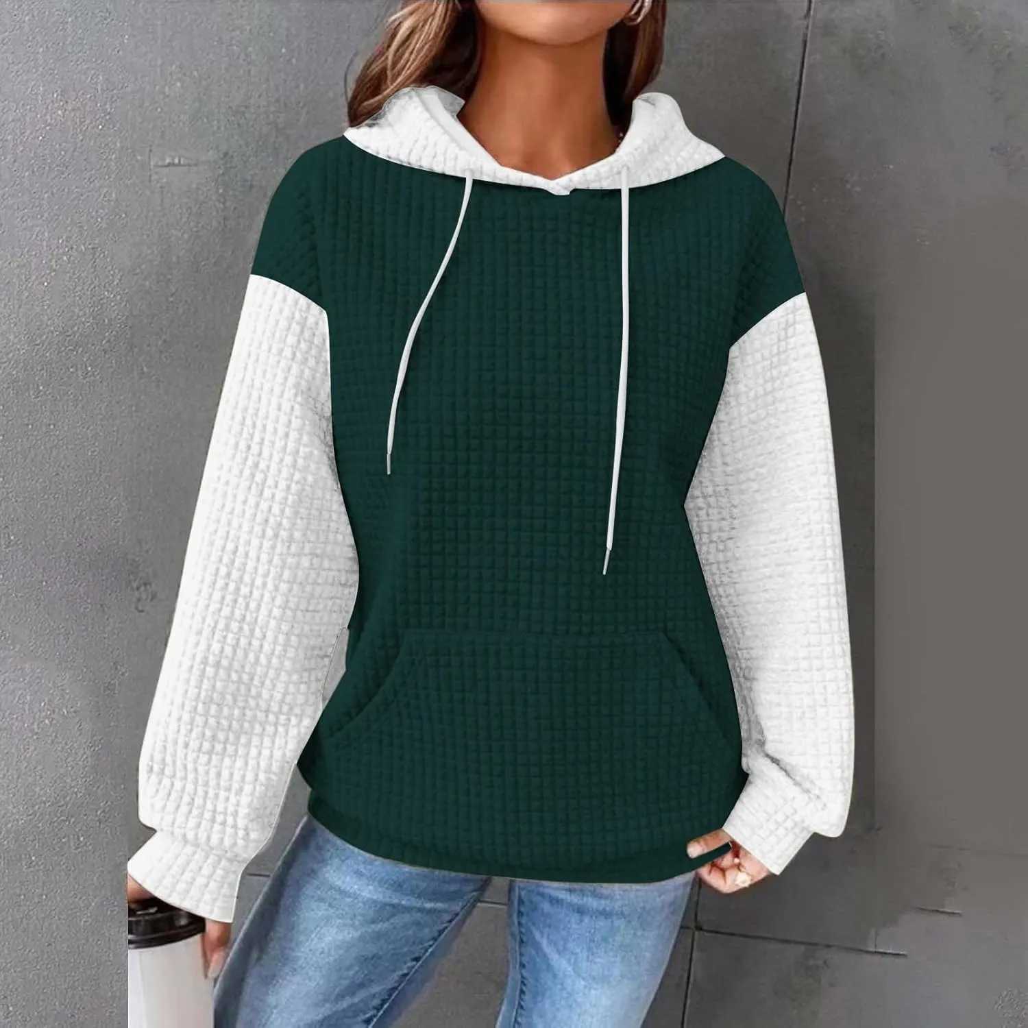 Oversized Hoodies for Women Color Block Waffle Sweatshirts Casual Drawstring Pullover with Pockets Fall Clothes