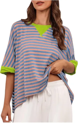 Oversized Tshirts for Women Crew Neck Striped Short Sleeve Blouses Casual Fashion Daily Womens Workout Tops
