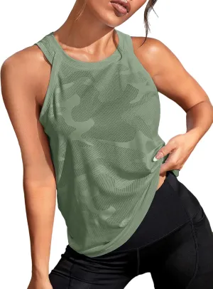 OYOANGLE Women's Camo Print Sleeveless Workout Shirts Exercise Running Tank Tops Active Gym Tops