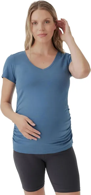 Pact Organic Cotton V-Neck Ruched Maternity Tee Shirts, Soft Pregnancy Top with Stretch