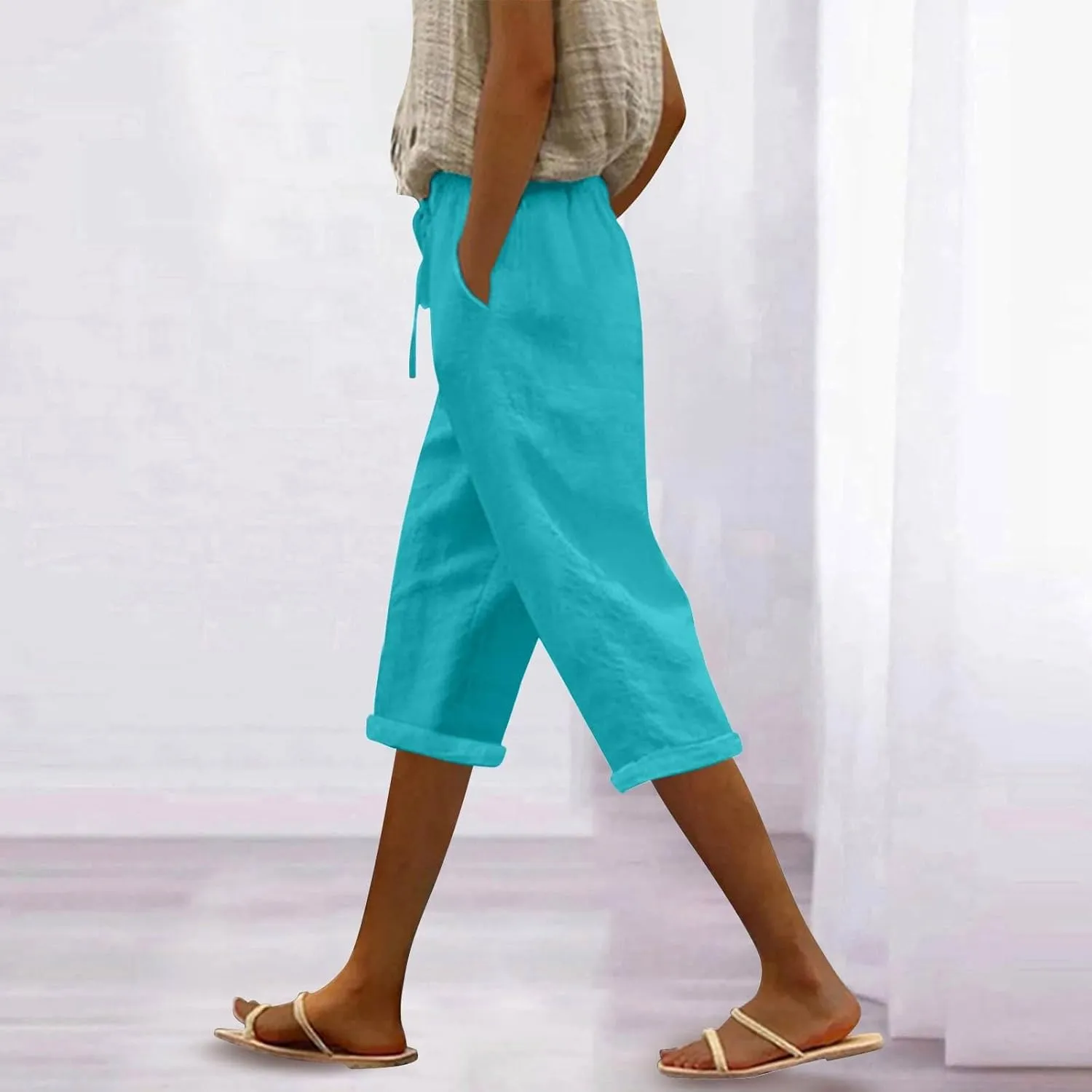 Pedal Pushers for Women Casual 2025 Summer High Waist Linen Capri Pants Wide Leg Trousers Beach Pants with Pockets