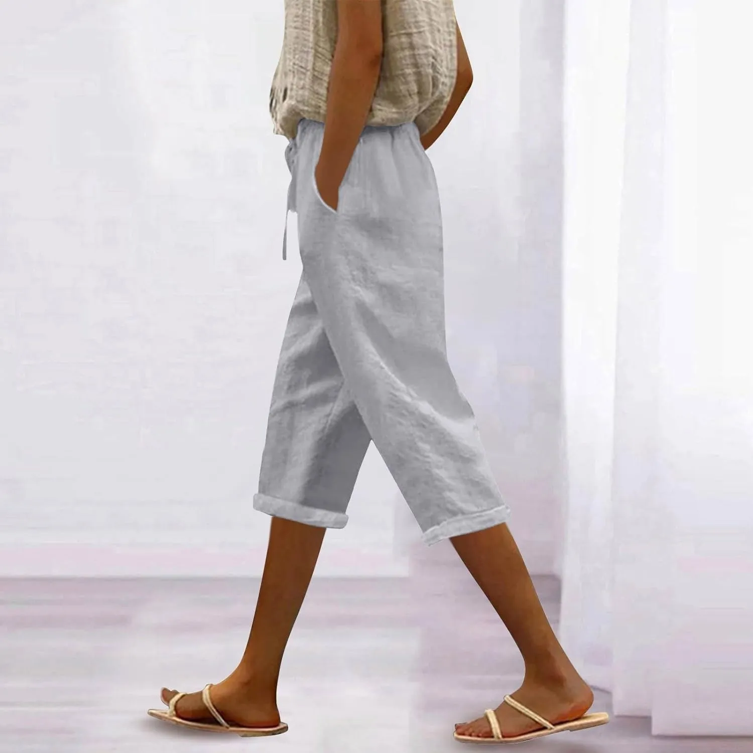 Pedal Pushers for Women Casual 2025 Summer High Waist Linen Capri Pants Wide Leg Trousers Beach Pants with Pockets