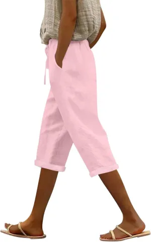 Pedal Pushers for Women Casual 2025 Summer High Waist Linen Capri Pants Wide Leg Trousers Beach Pants with Pockets