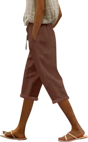 Pedal Pushers for Women Casual 2025 Summer High Waist Linen Capri Pants Wide Leg Trousers Beach Pants with Pockets