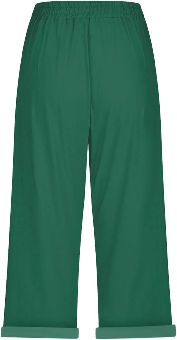 Pedal Pushers for Women Casual 2025 Summer High Waist Linen Capri Pants Wide Leg Trousers Beach Pants with Pockets