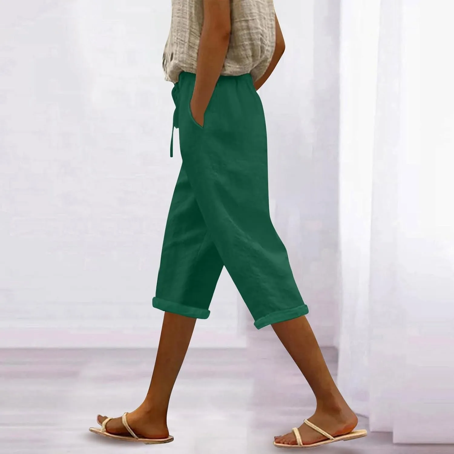 Pedal Pushers for Women Casual 2025 Summer High Waist Linen Capri Pants Wide Leg Trousers Beach Pants with Pockets