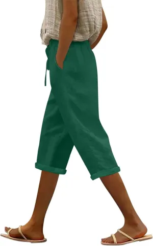Pedal Pushers for Women Casual 2025 Summer High Waist Linen Capri Pants Wide Leg Trousers Beach Pants with Pockets