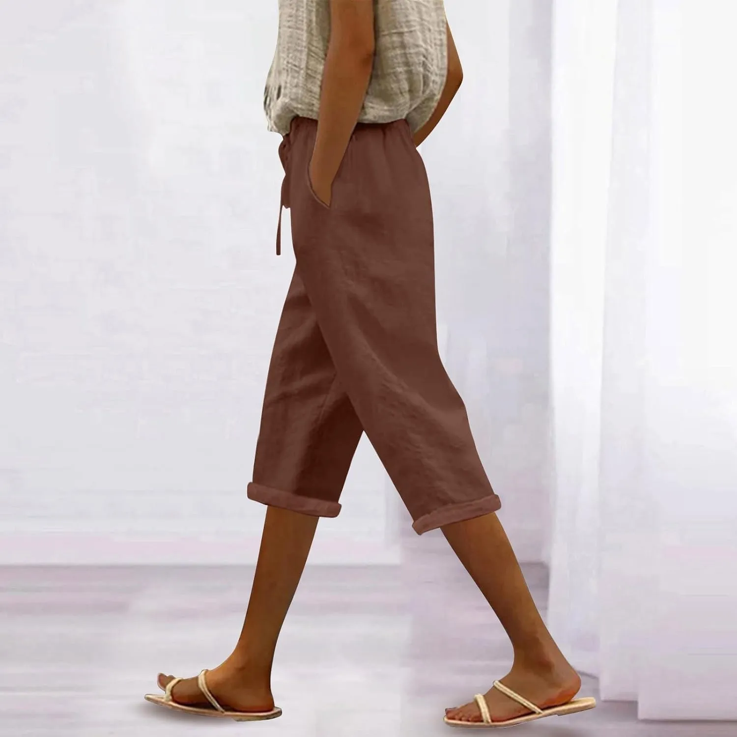 Pedal Pushers for Women Casual 2025 Summer High Waist Linen Capri Pants Wide Leg Trousers Beach Pants with Pockets