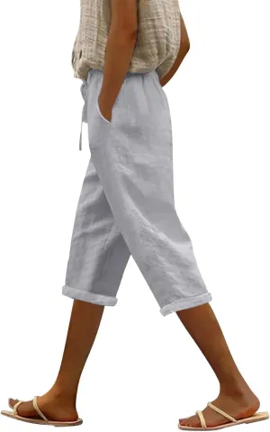Pedal Pushers for Women Casual 2025 Summer High Waist Linen Capri Pants Wide Leg Trousers Beach Pants with Pockets