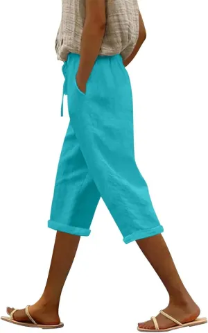 Pedal Pushers for Women Casual 2025 Summer High Waist Linen Capri Pants Wide Leg Trousers Beach Pants with Pockets