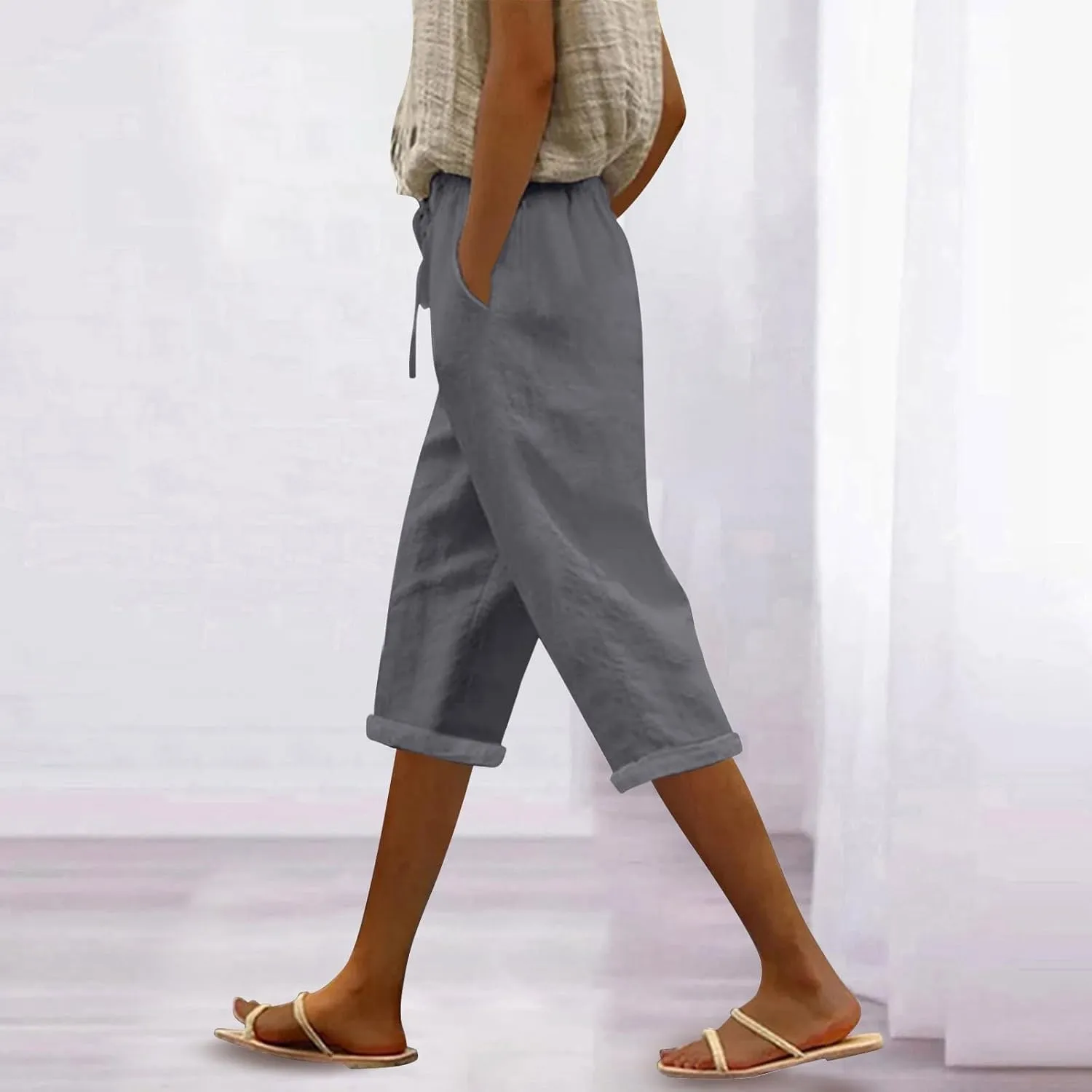 Pedal Pushers for Women Casual 2025 Summer High Waist Linen Capri Pants Wide Leg Trousers Beach Pants with Pockets