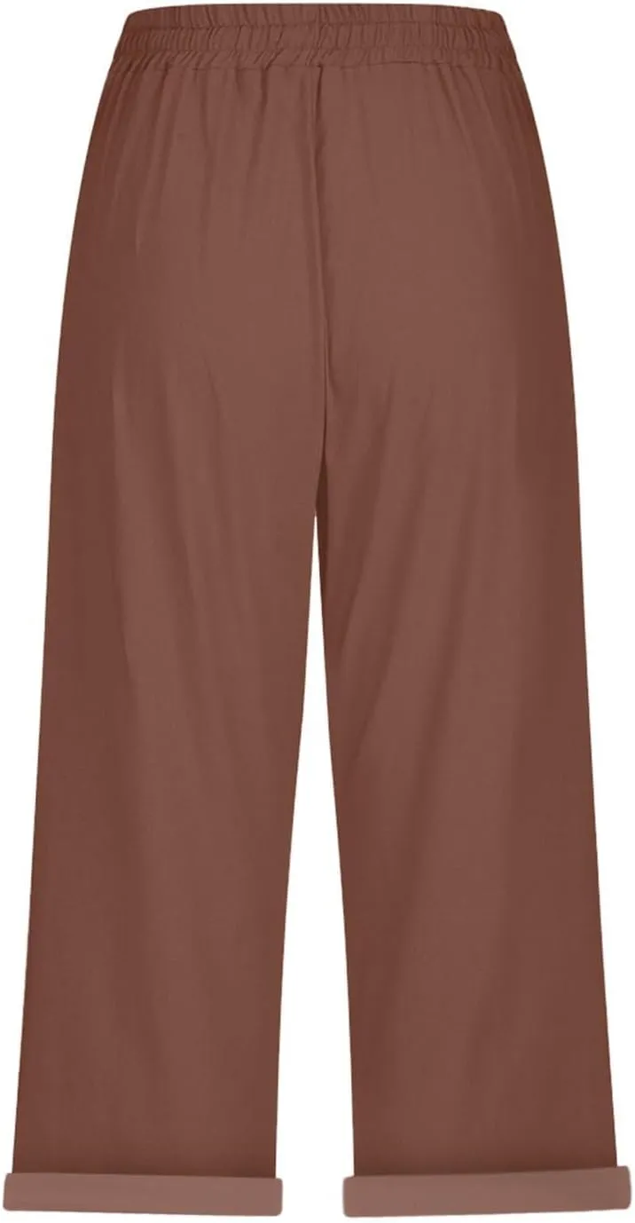 Pedal Pushers for Women Casual 2025 Summer High Waist Linen Capri Pants Wide Leg Trousers Beach Pants with Pockets
