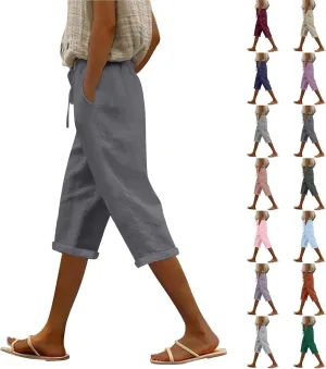 Pedal Pushers for Women Casual 2025 Summer High Waist Linen Capri Pants Wide Leg Trousers Beach Pants with Pockets