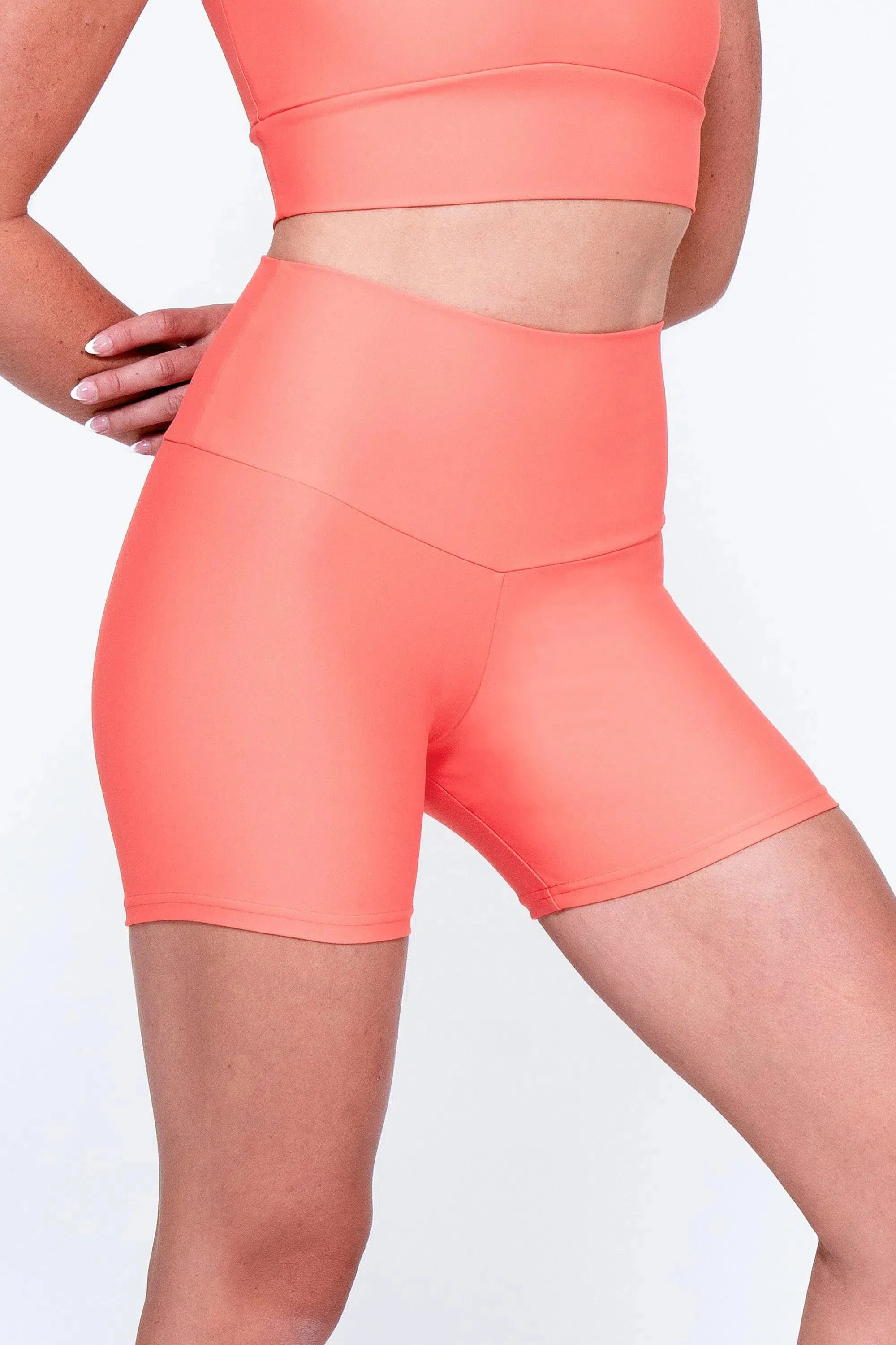 Performance High Waisted Booty Shorts - Neon Coral