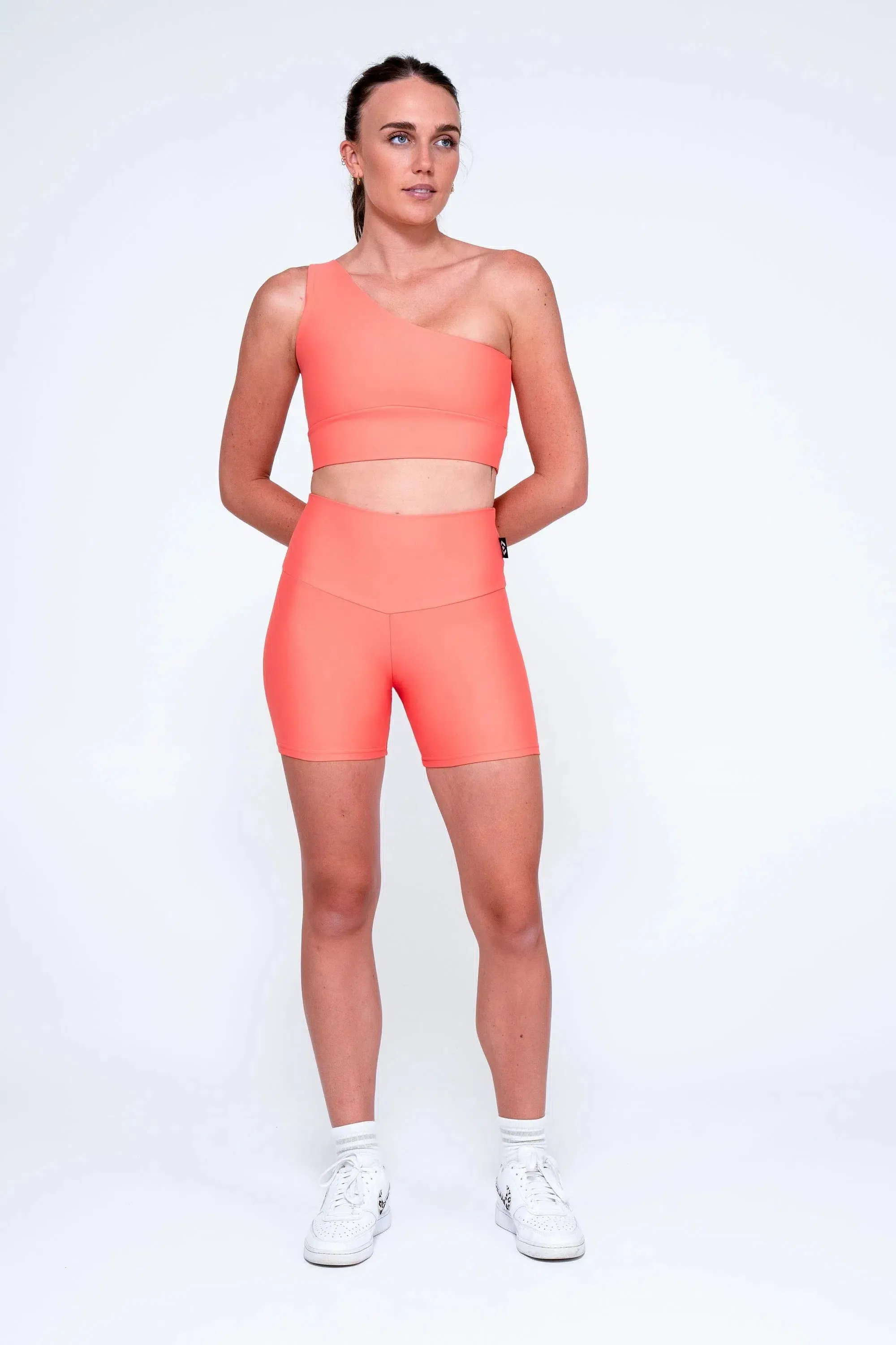 Performance High Waisted Booty Shorts - Neon Coral