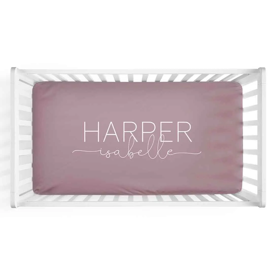 Personalized Crib Sheet in Dusty Purple | Script Font Duo