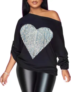 PESION Womens Off The Shoulder Tops Sexy Shiny Metallic Shirts Long Sleeves Fashion Graphic T-shirts Blouses
