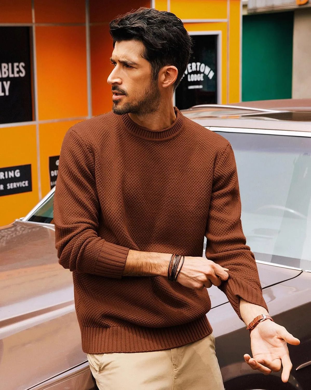 PJ PAUL JONES Men's Crewneck Pullover Sweater Casual Thick Weave Textured Sweaters