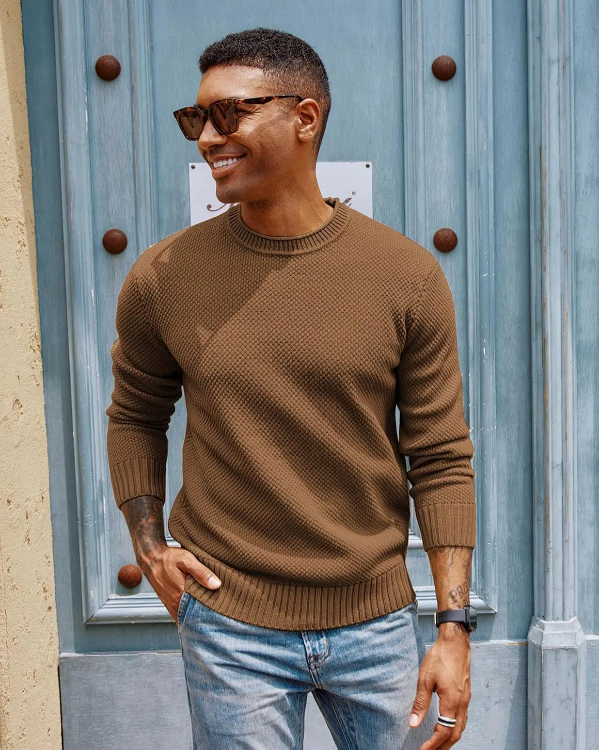 PJ PAUL JONES Men's Crewneck Pullover Sweater Casual Thick Weave Textured Sweaters