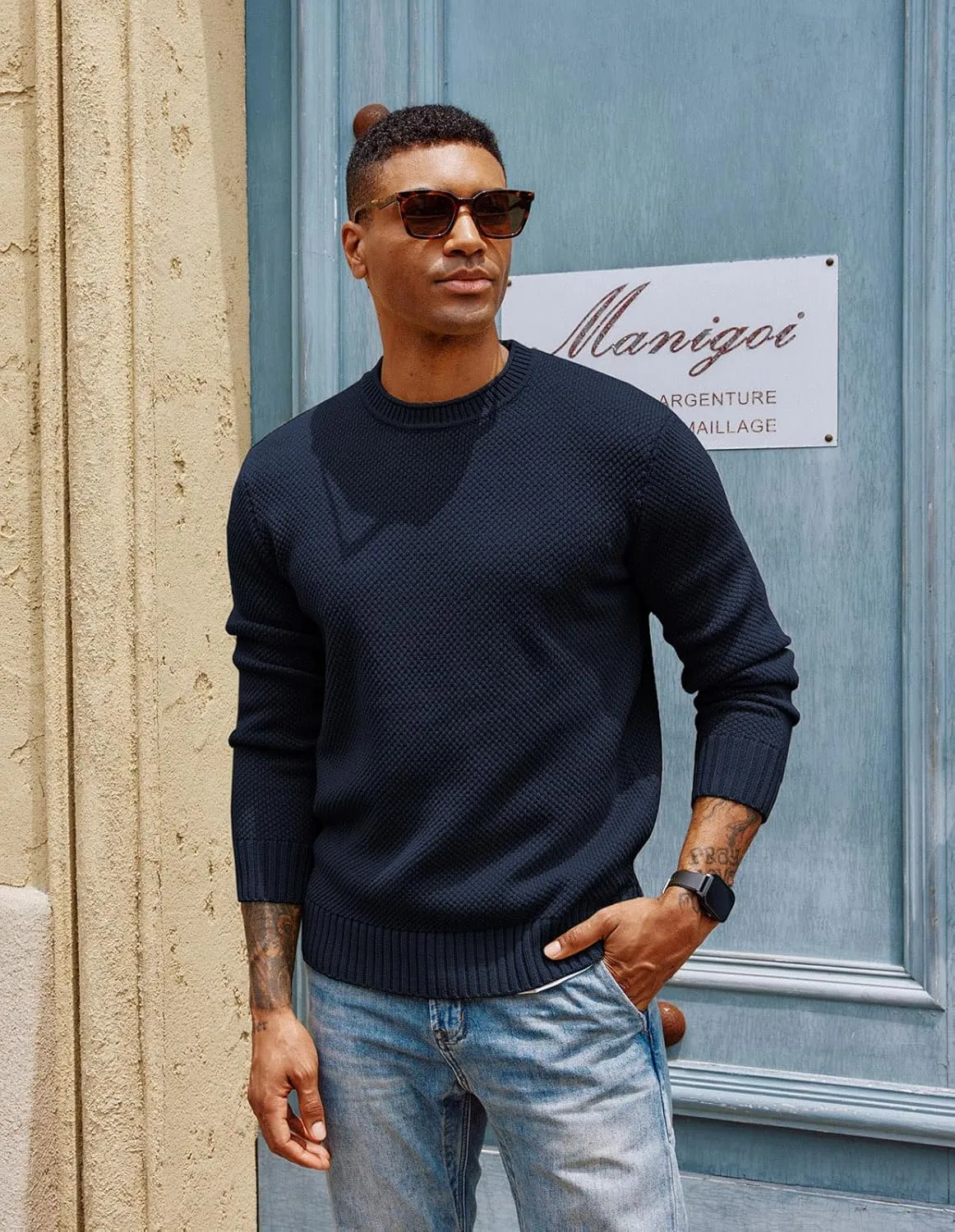 PJ PAUL JONES Men's Crewneck Pullover Sweater Casual Thick Weave Textured Sweaters