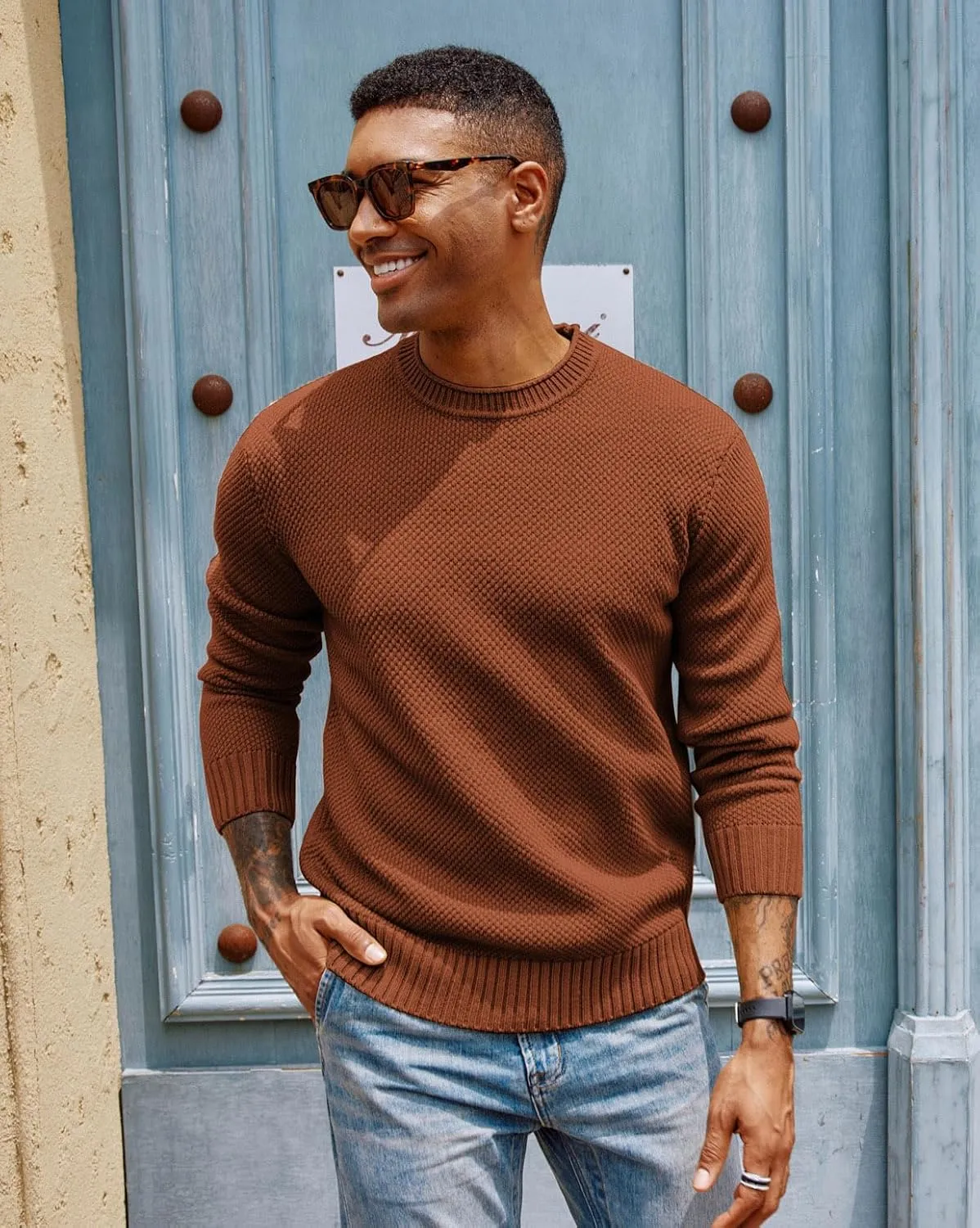 PJ PAUL JONES Men's Crewneck Pullover Sweater Casual Thick Weave Textured Sweaters