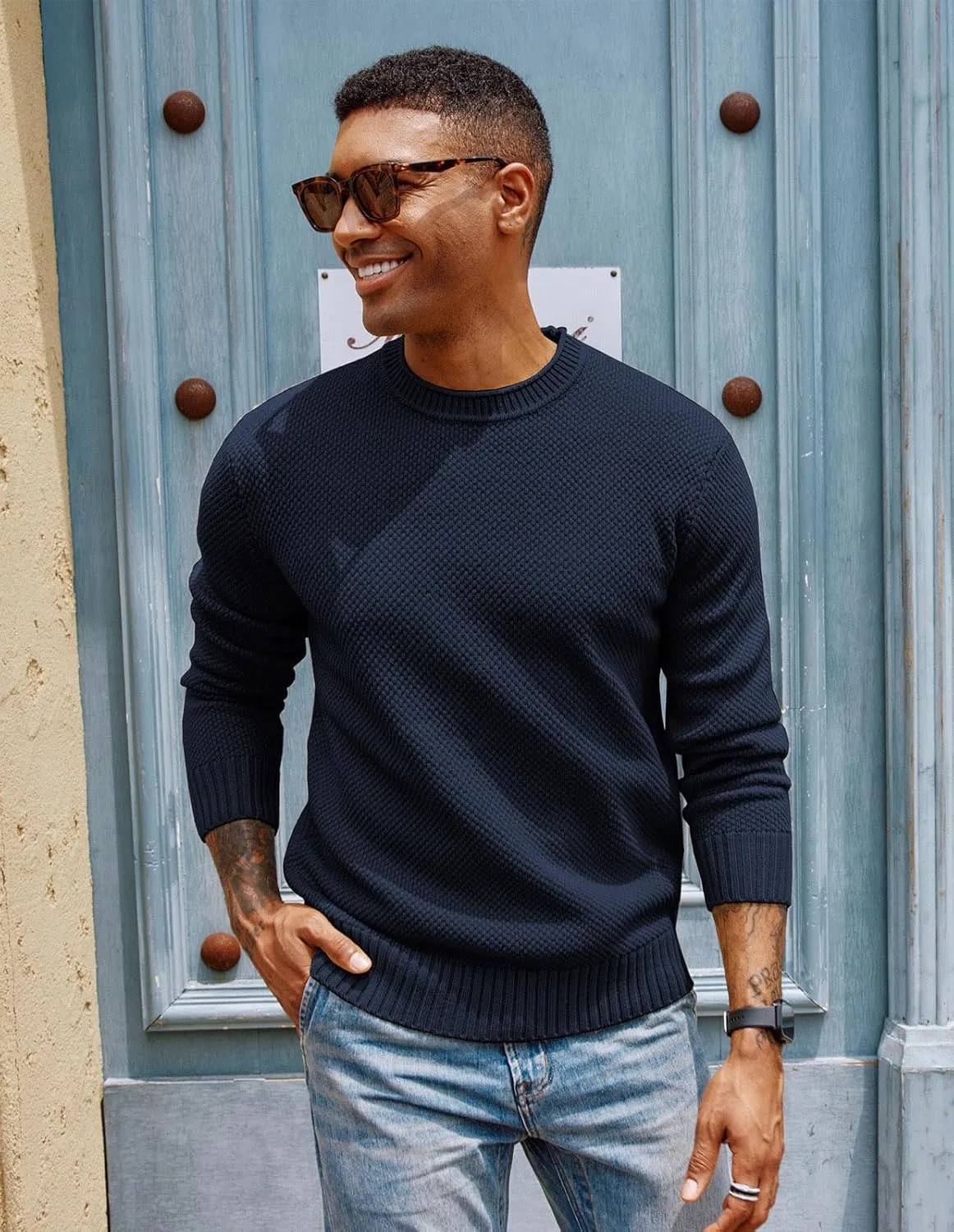 PJ PAUL JONES Men's Crewneck Pullover Sweater Casual Thick Weave Textured Sweaters