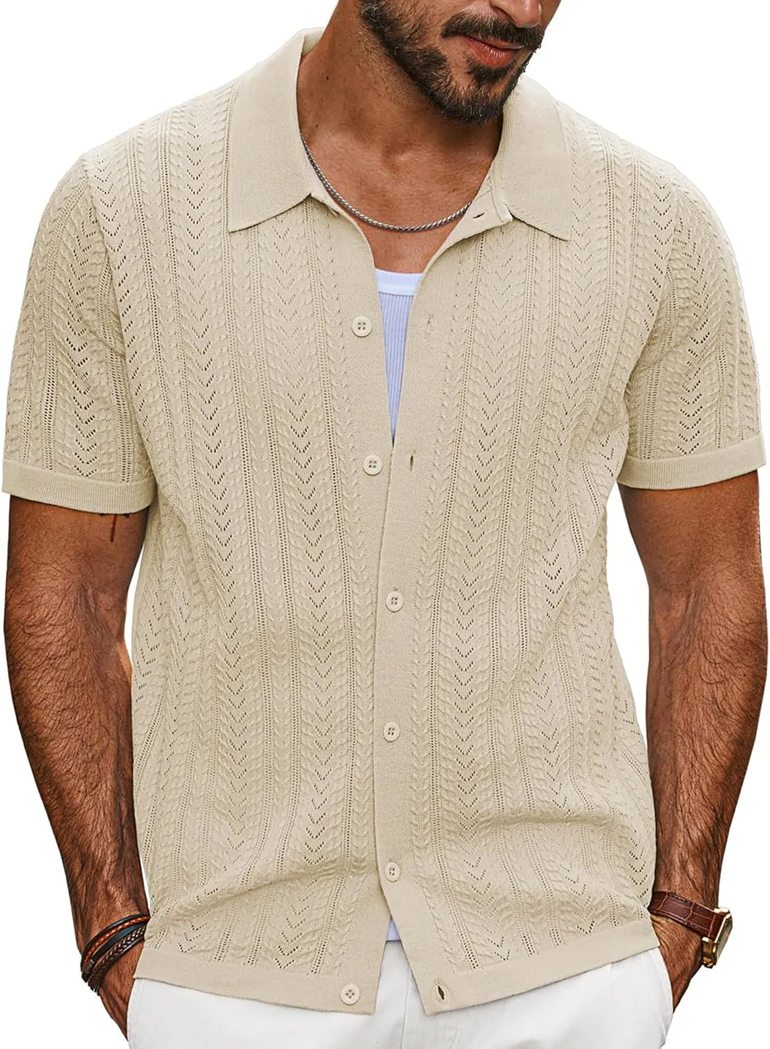 PJ PAUL JONES Men's Knit Shirts Short Sleeve Button Down Polo Shirt Fashion Casual Summer Beach Shirts