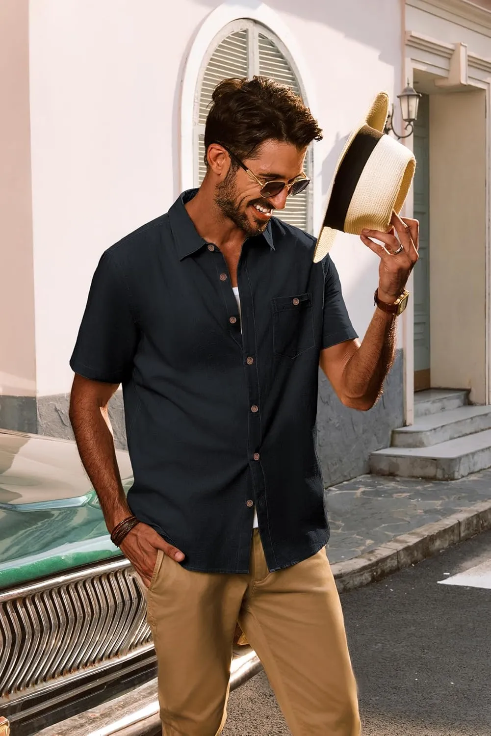 PJ PAUL JONES Mens Short Sleeve Button Down Shirts Summer Beach Shirts Untuckit Cotton Shirt with Pocket