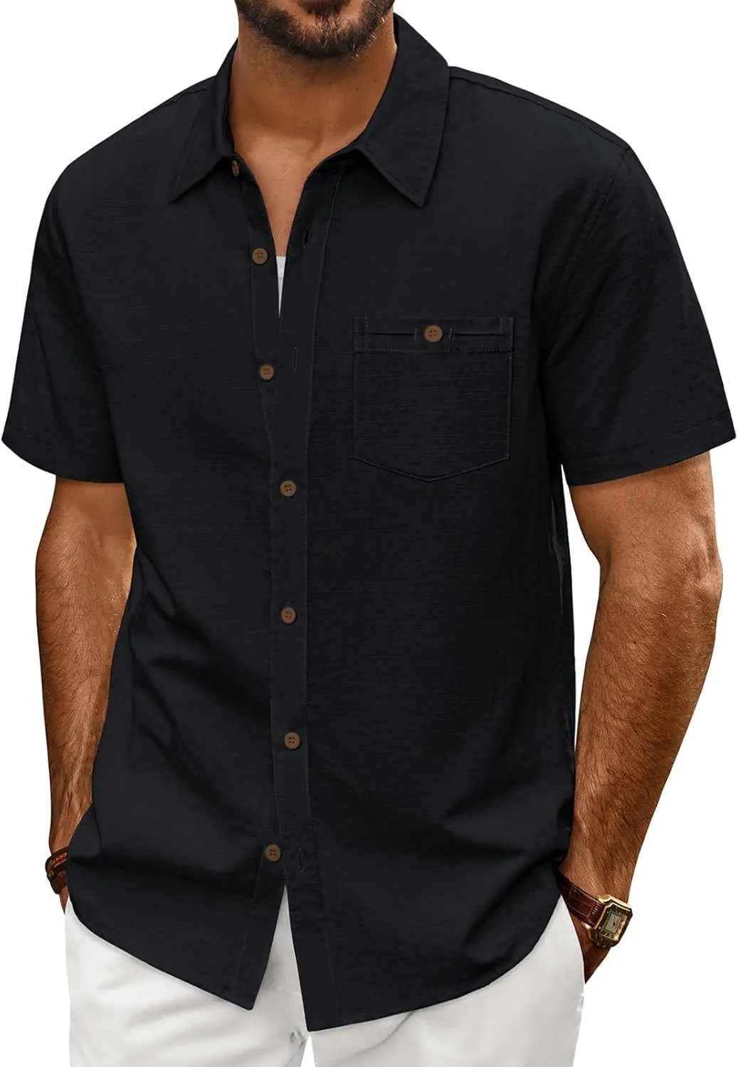 PJ PAUL JONES Mens Short Sleeve Button Down Shirts Summer Beach Shirts Untuckit Cotton Shirt with Pocket
