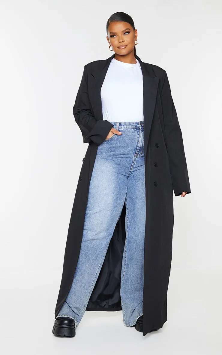 Plus Black Button Detail Maxi Blazer
