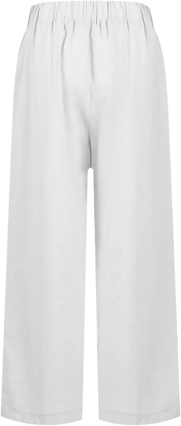Plus Size Linen Pants for Women Loose High Waisted Wide Leg Capri Pants Lightweight Solid Beach Trousers with Pockets