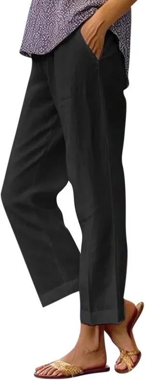 Plus Size Linen Pants for Women Loose High Waisted Wide Leg Capri Pants Lightweight Solid Beach Trousers with Pockets