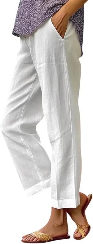 Plus Size Linen Pants for Women Loose High Waisted Wide Leg Capri Pants Lightweight Solid Beach Trousers with Pockets