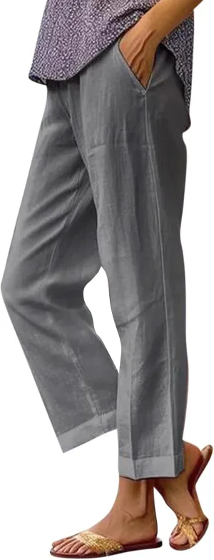 Plus Size Linen Pants for Women Loose High Waisted Wide Leg Capri Pants Lightweight Solid Beach Trousers with Pockets