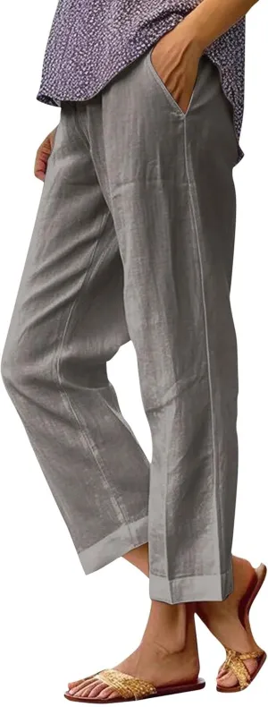 Plus Size Linen Pants for Women Loose High Waisted Wide Leg Capri Pants Lightweight Solid Beach Trousers with Pockets